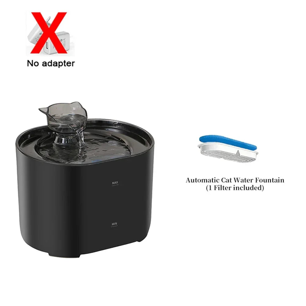 Black automatic cat water fountain with filter included, no adapter, max and min water levels shown