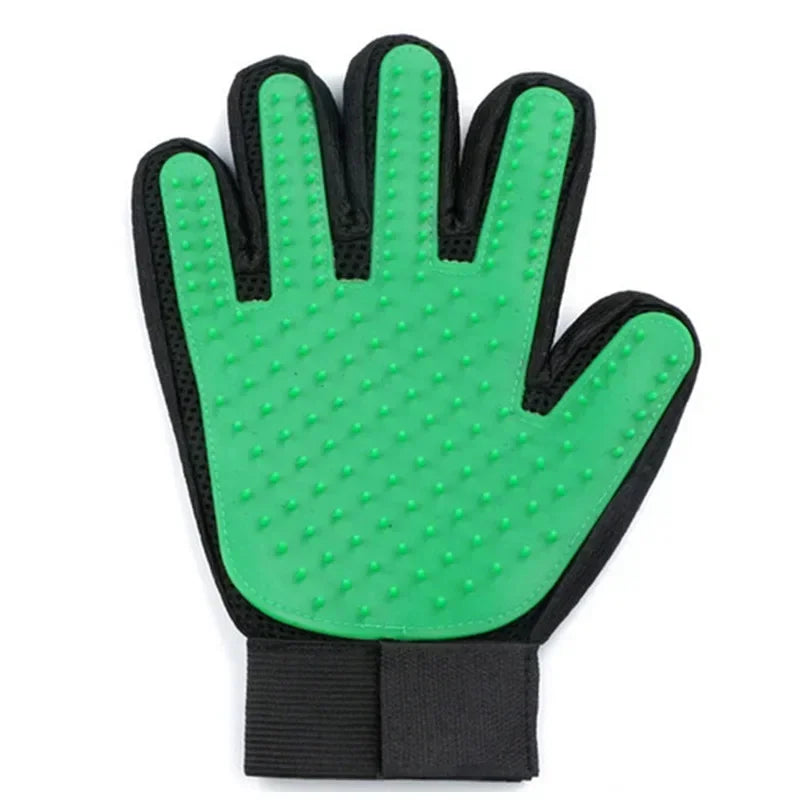 Green pet grooming glove with rubber bristles for dog and cat hair removal