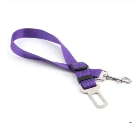 Purple adjustable dog seat belt leash with metal clip for car safety