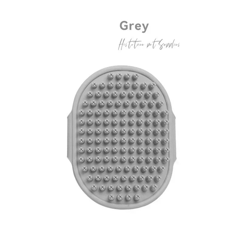 Grey silicone pet grooming brush with soft bristles for dogs and cats