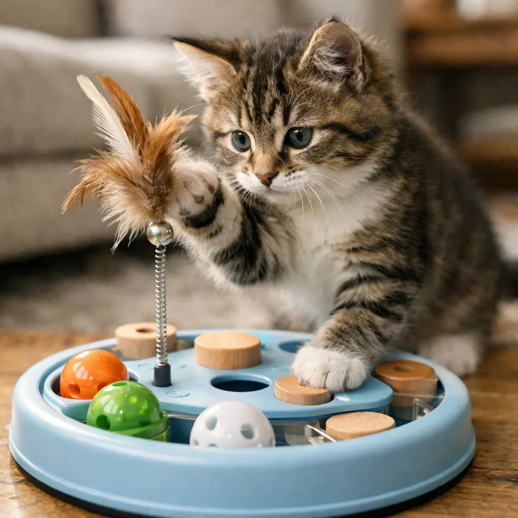 Tabby kitten playing with interactive cat toy puzzle and feather teaser on wooden floor