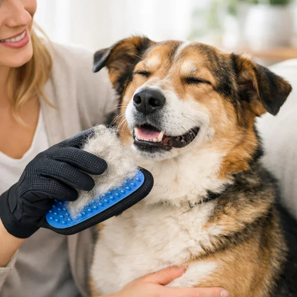 Woman using a grooming glove to brush a happy dog, removing loose fur indoors.