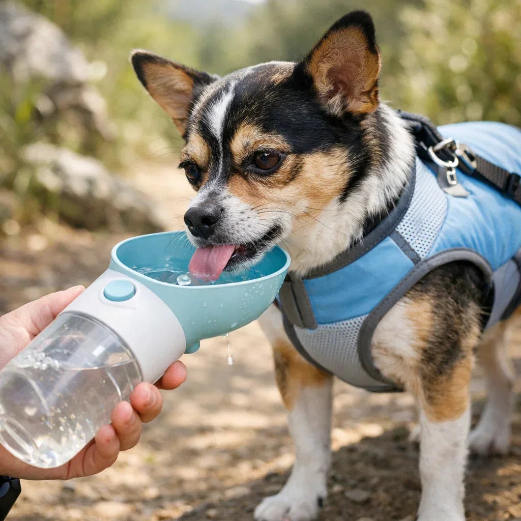 Small dog in blue harness drinking from portable pet water bottle outdoors