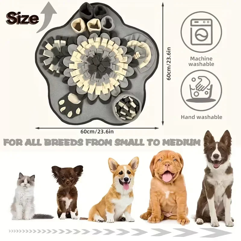Large grey dog snuffle mat for small to medium breeds, machine and hand washable, with pets