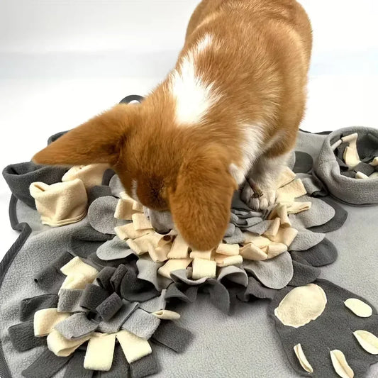 Brown and white dog using a gray and cream snuffle mat, interactive dog toy for pets