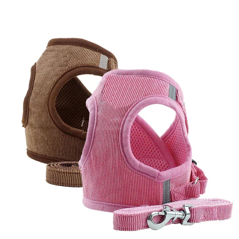 Corduroy pet harness and leash set in pink and brown, breathable design for dogs or cats