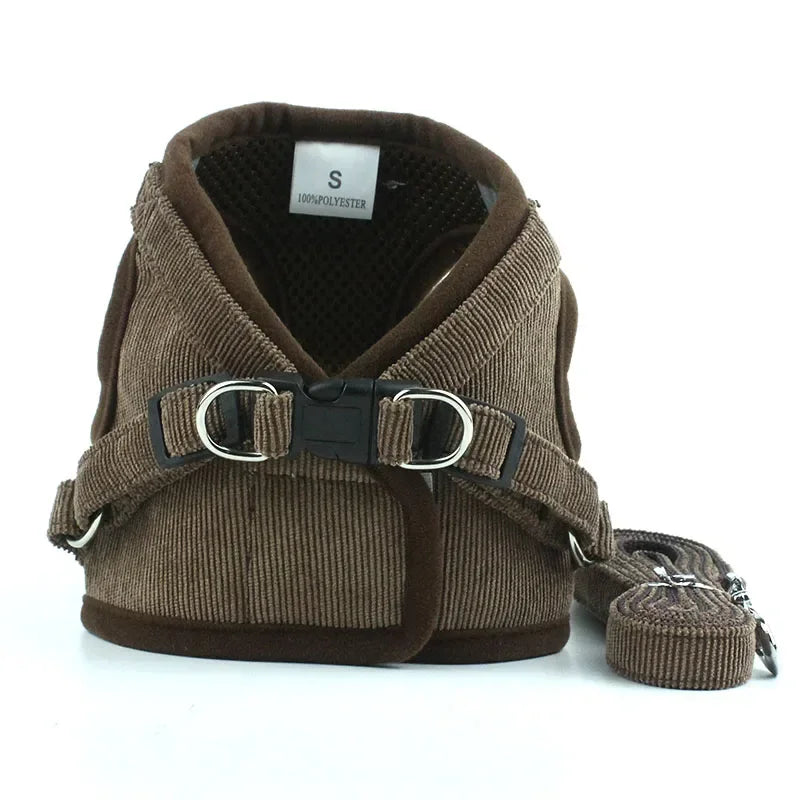 Brown corduroy dog harness with adjustable straps and metal D-rings, small size