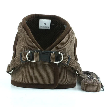 Brown corduroy dog harness with adjustable straps and metal D-rings, small size