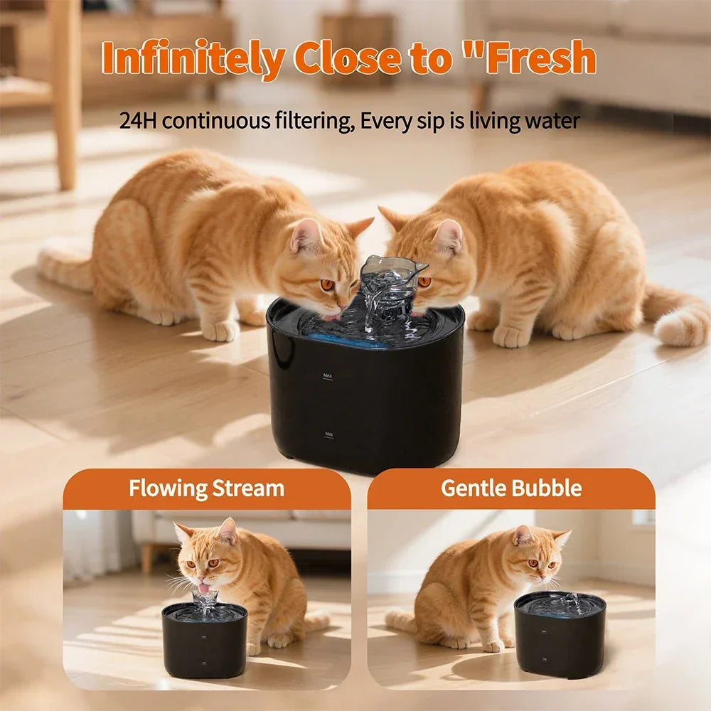 Two orange cats drink from a black automatic cat water fountain with continuous filtration indoors.