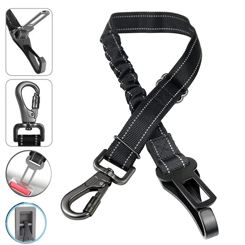 Adjustable black dog seat belt leash with carabiner clip and seat belt buckle for pet safety travel
