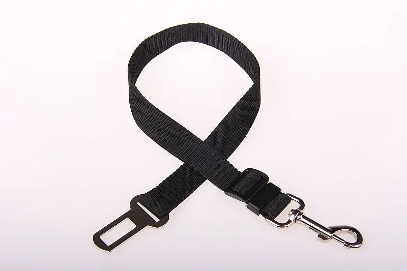 Black adjustable dog seat belt with metal clip for pet car safety on white background
