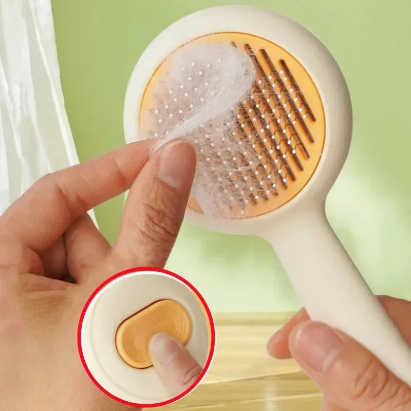 Self-cleaning pet grooming brush removing loose fur with easy push button design