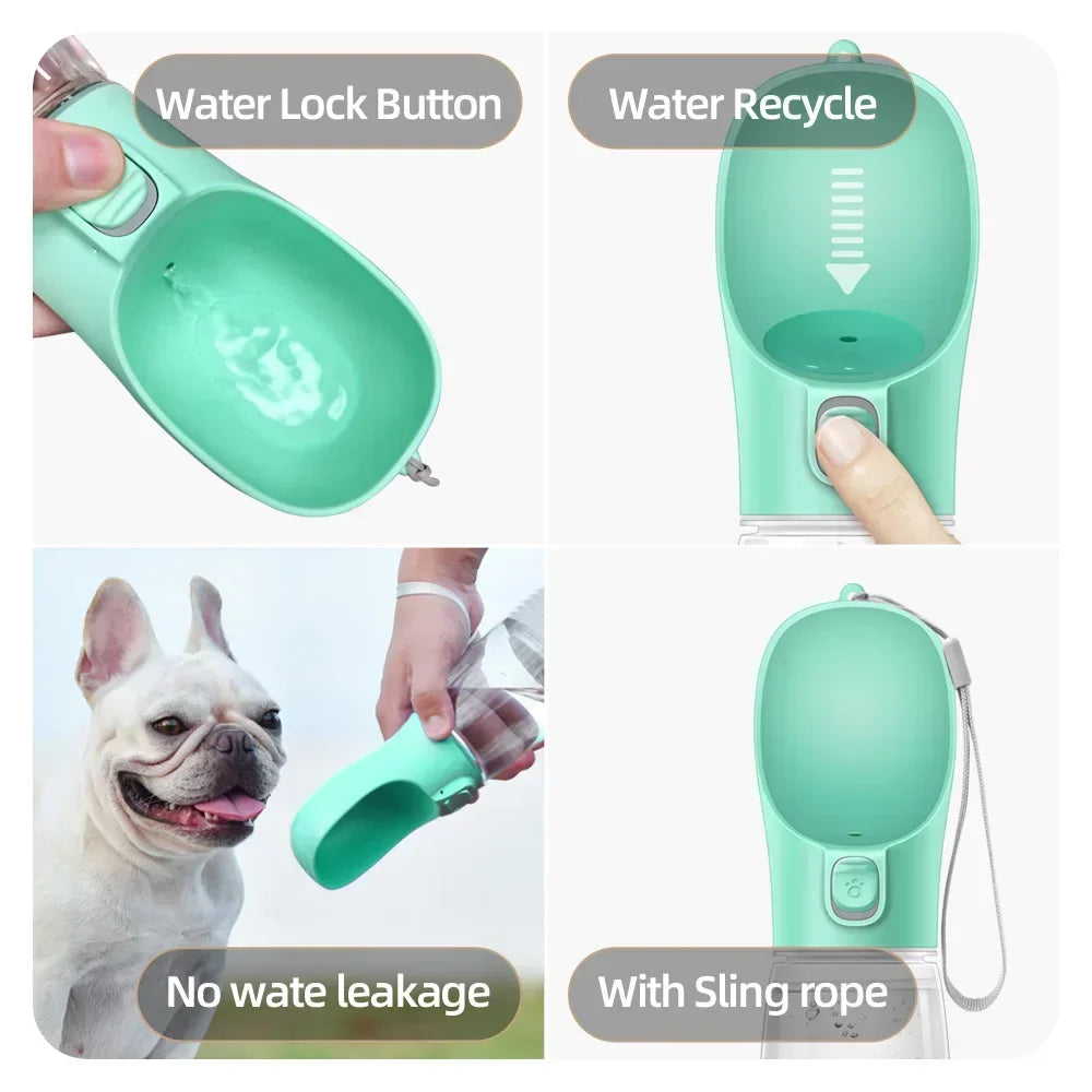Portable dog water bottle with water lock button, water recycle feature, and sling rope, shown with a happy dog drinking outdoors.