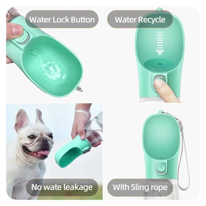 Portable dog water bottle with water lock button, water recycle feature, and sling rope, shown with a happy dog drinking outdoors.