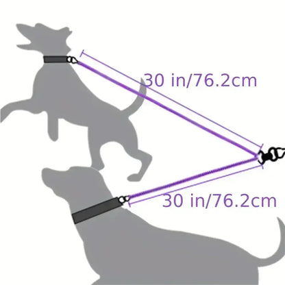 Dual dog leash splitter for walking two dogs, 30 inch length, illustrated usage
