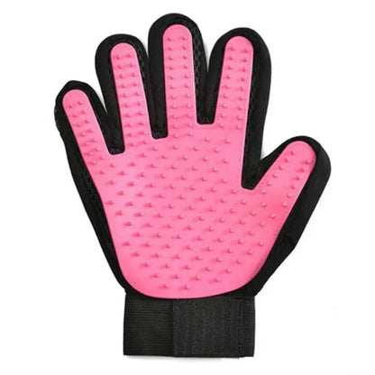 Pink pet grooming glove with rubber bristles for removing dog and cat hair