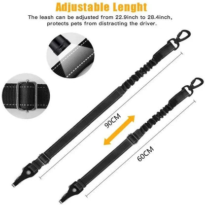 Adjustable black pet seat belt leash with reflective stitching and metal clips, 60-90cm length.