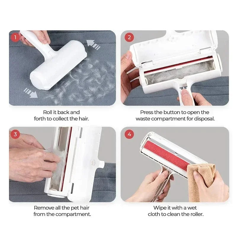 Pet hair remover roller collecting fur, emptying, and cleaning instructions shown step-by-step.