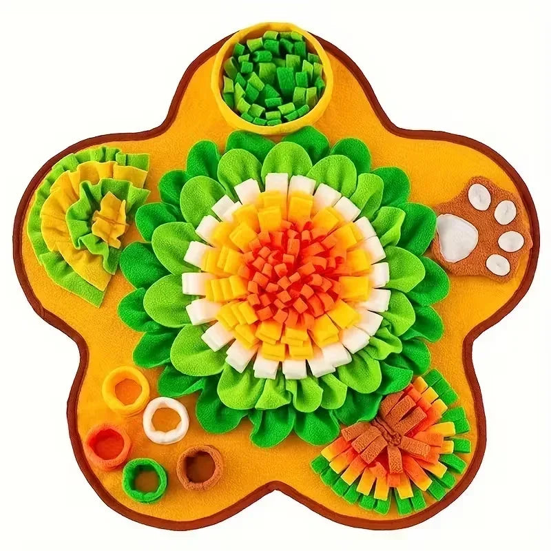Colorful dog snuffle mat for interactive pet feeding, flower-shaped with green, yellow, and orange fabric.