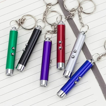 Colorful metal laser pointer keychains for cats and dogs on lined notebook background