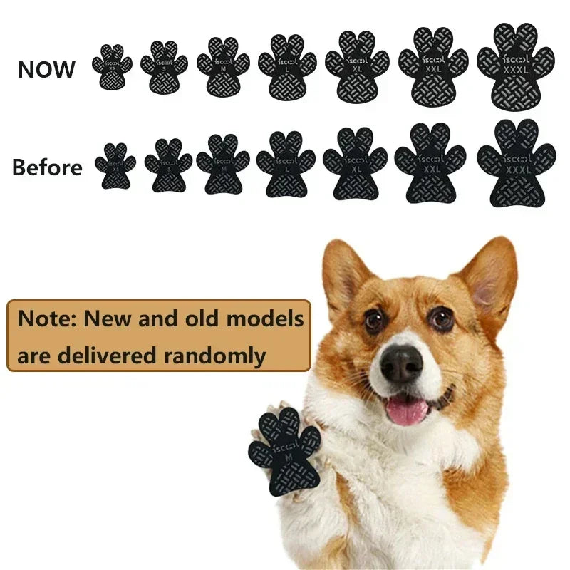Dog paw grip pads size comparison chart with Corgi dog, new and old models delivered randomly.