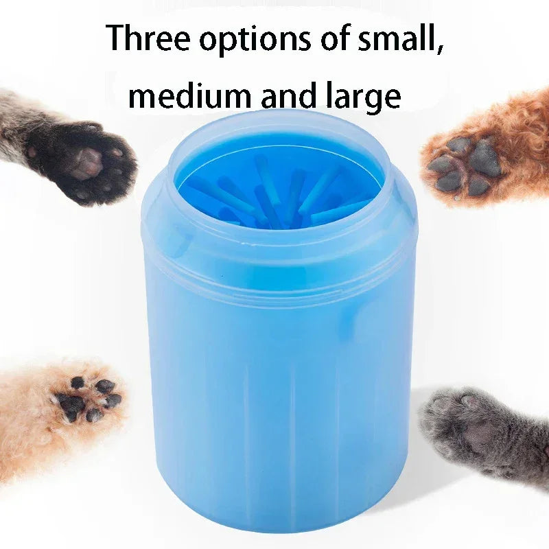 Blue silicone pet paw cleaner with soft bristles, suitable for dogs and cats, shown with various pet paws around it, text highlights three size options.