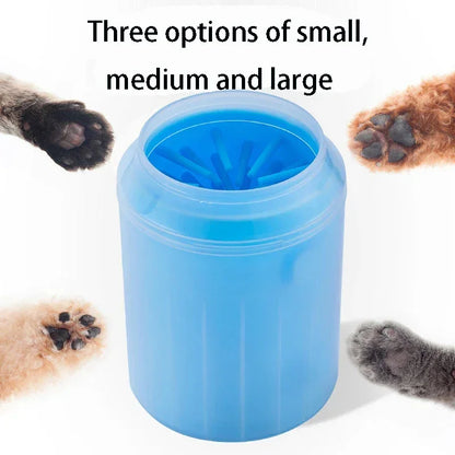 Blue silicone pet paw cleaner with soft bristles, suitable for dogs and cats, shown with various pet paws around it, text highlights three size options.