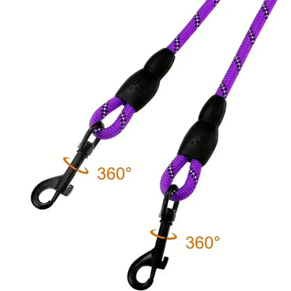 Purple dual dog leash with 360-degree swivel clips for tangle-free pet walking