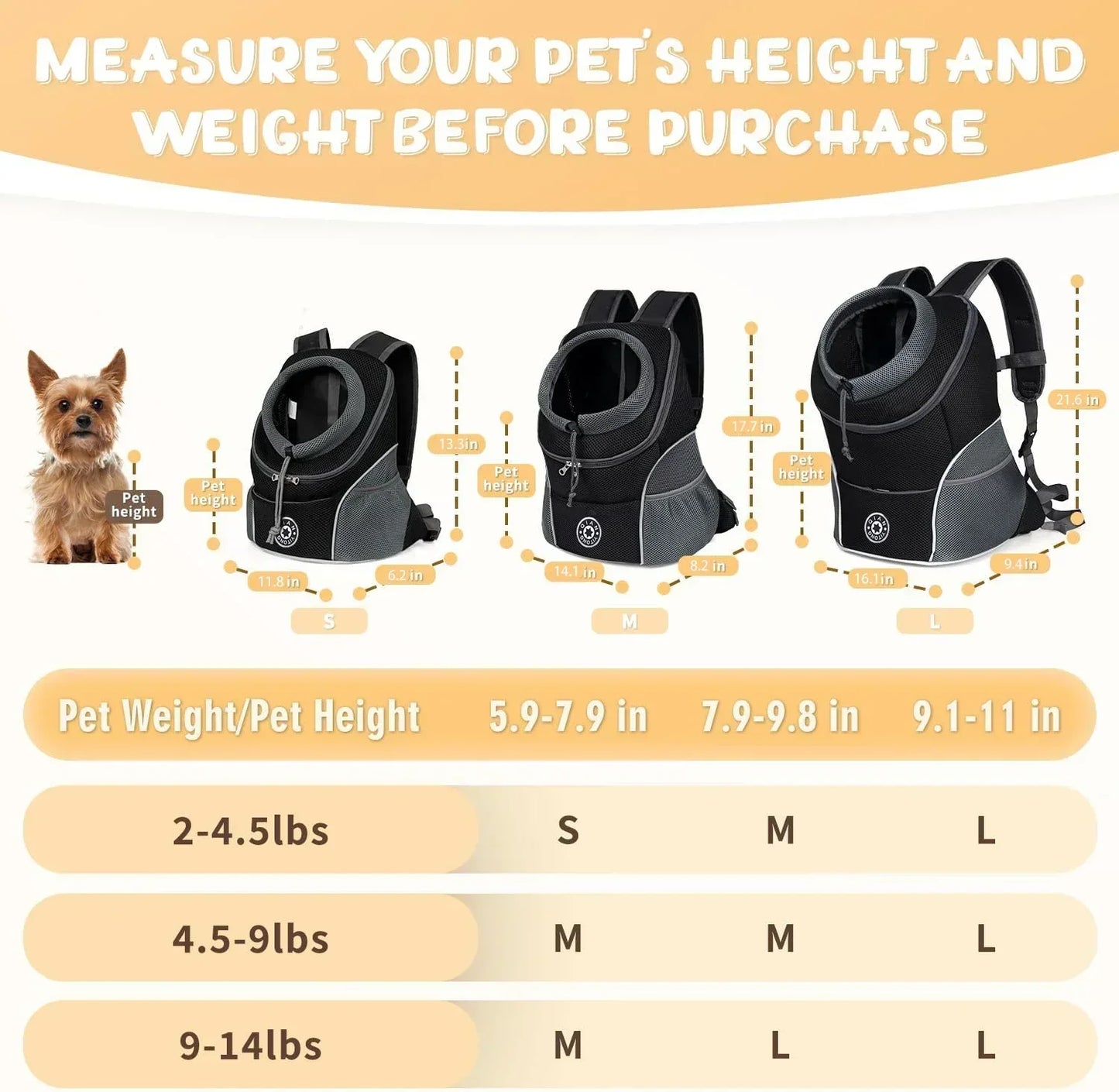 Dog backpack carrier size guide with pet height and weight chart, small to large, for pets 2-14 lbs.