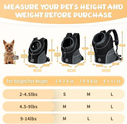 Dog backpack carrier size guide with pet height and weight chart, small to large, for pets 2-14 lbs.