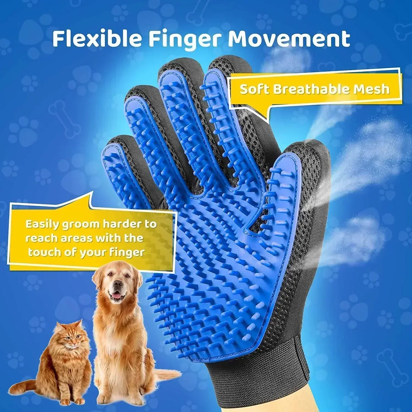 Blue pet grooming glove with soft breathable mesh for dogs and cats on a blue background.