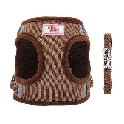 Brown dog harness vest with matching leash, reflective trim, and mesh lining for pets.