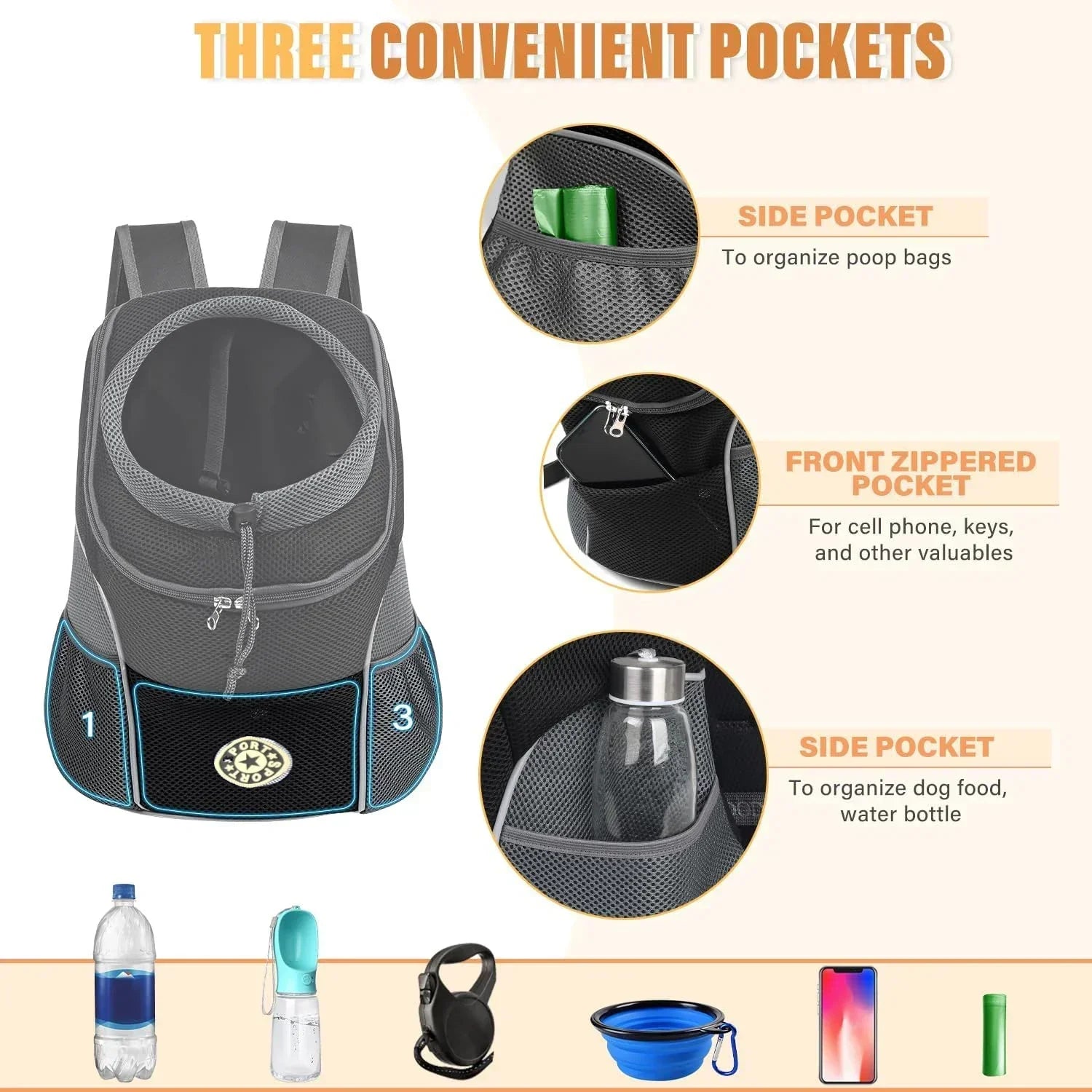 Pet backpack with three convenient pockets for dog accessories, phone, water, and treats.