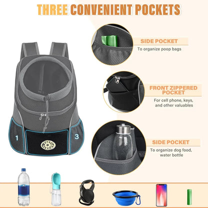 Pet backpack with three convenient pockets for dog accessories, phone, water, and treats.