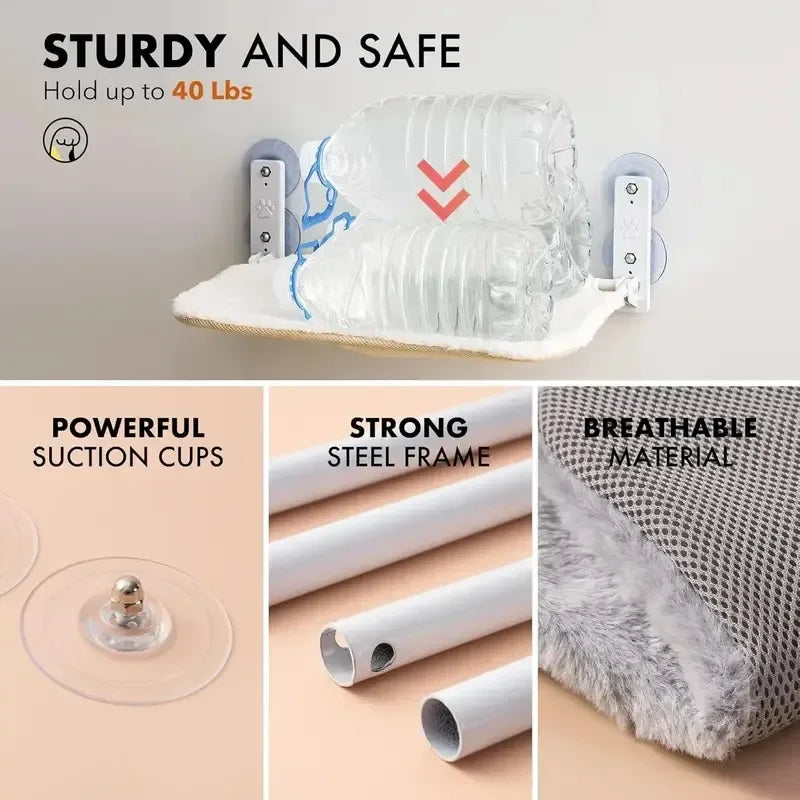 Cat window perch features powerful suction cups, strong steel frame, and breathable fabric.