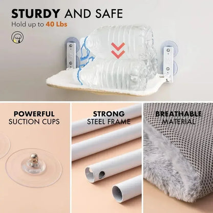 Cat window perch features powerful suction cups, strong steel frame, and breathable fabric.