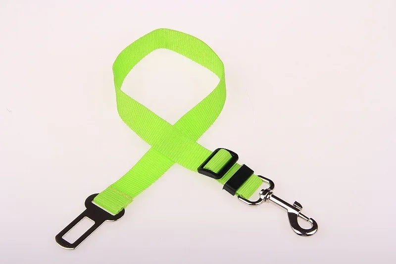 Neon green adjustable pet seat belt with metal clip and seatbelt buckle for dog car safety