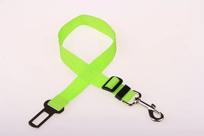 Neon green adjustable pet seat belt with metal clip and seatbelt buckle for dog car safety
