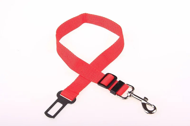 Adjustable red pet seat belt with metal buckle and clip for dog car safety