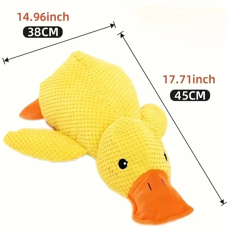 Yellow duck plush dog toy, soft texture, 45cm by 38cm, durable pet chew toy.