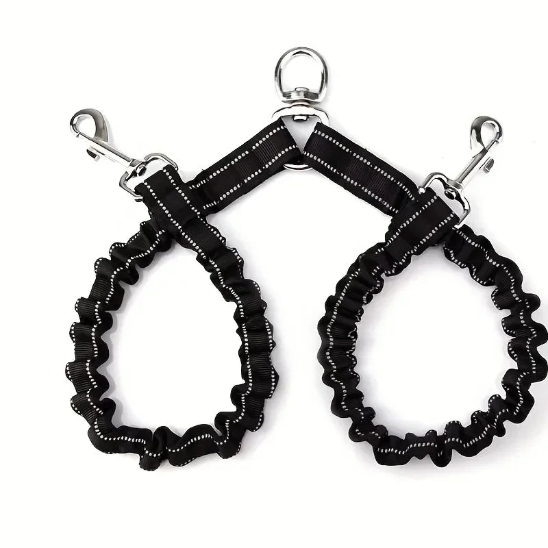 Black dual dog leash splitter with reflective stitching and metal clips for walking two dogs