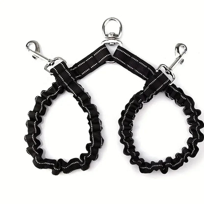Black dual dog leash splitter with reflective stitching and metal clips for walking two dogs