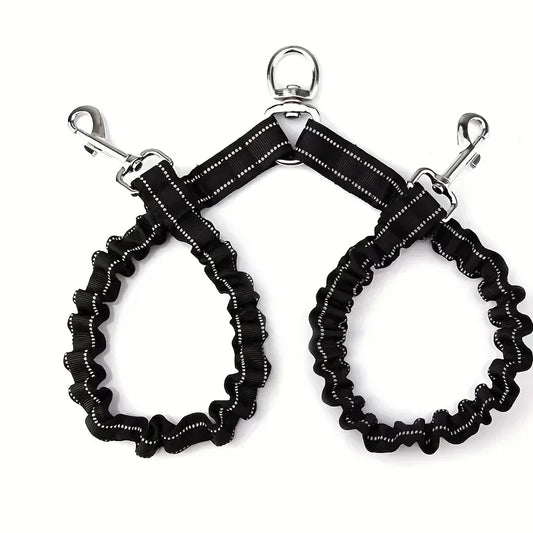 Black dual dog leash splitter with reflective stitching and metal clips for walking two dogs