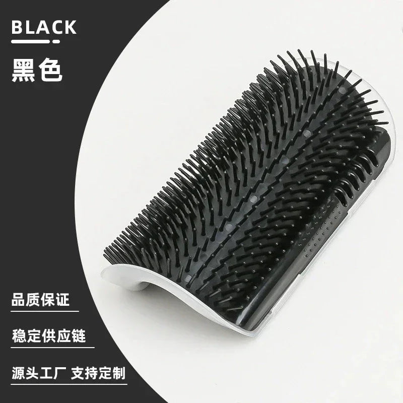 Black self-grooming cat brush with curved bristles for pet hair care