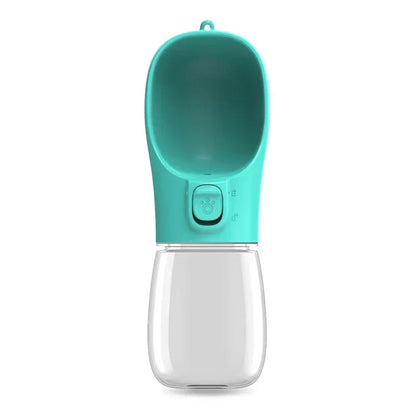 Portable pet water bottle with turquoise dispenser and clear container for dogs or cats.