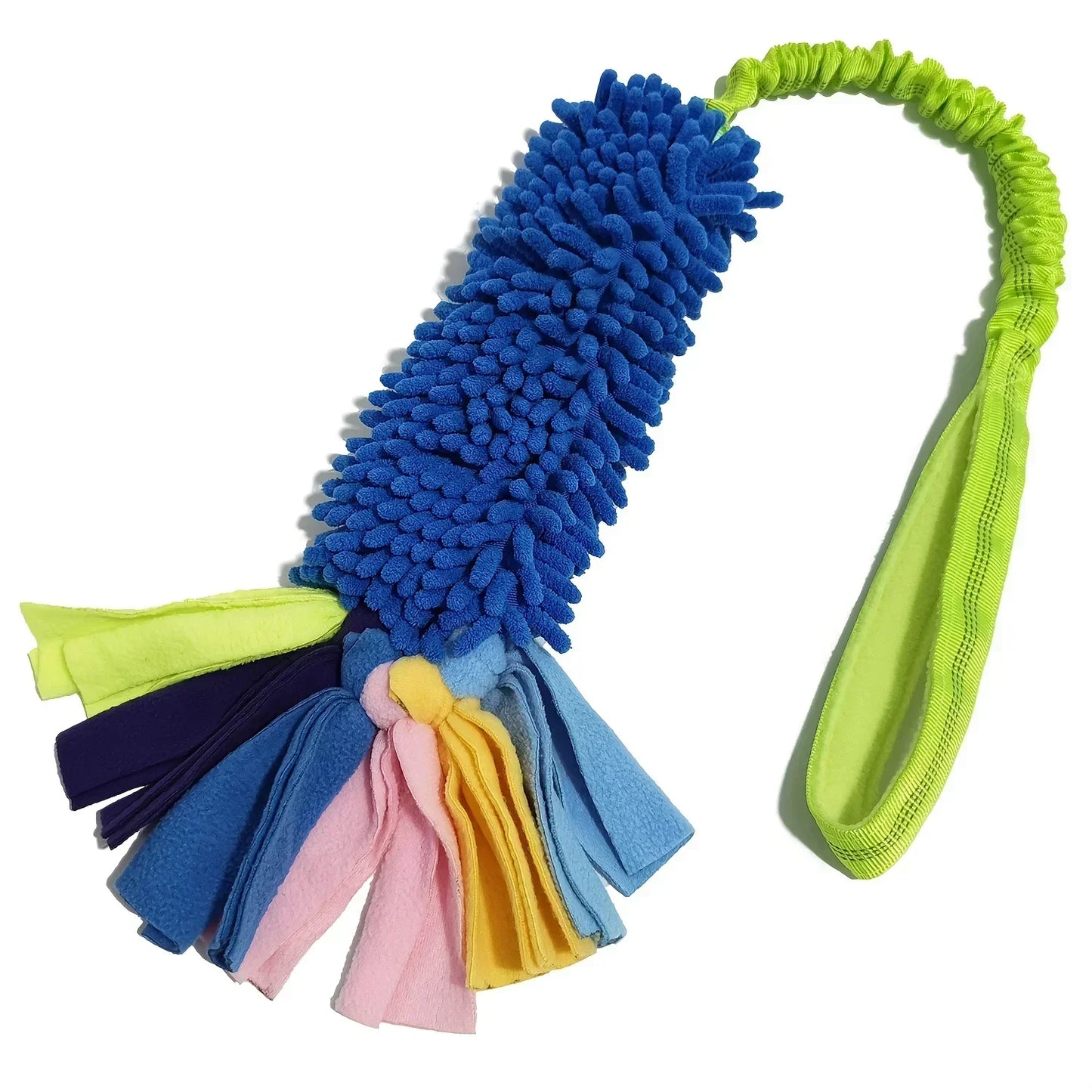 Bright blue and yellow plush dog tug toy with colorful fleece tassels and a handle
