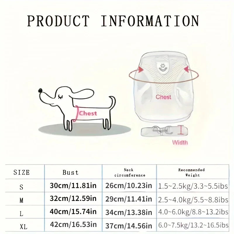 Dog harness size chart with illustrated dog, chest measurement guide, and size chart table.