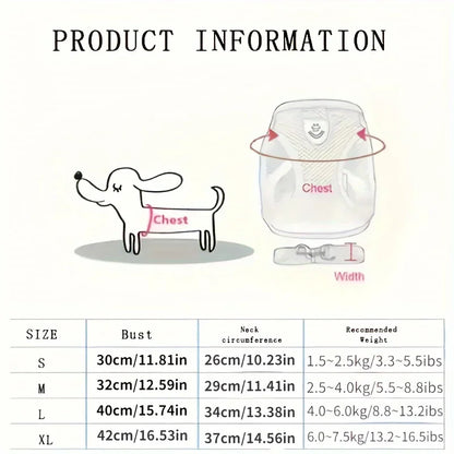 Dog harness size chart with illustrated dog, chest measurement guide, and size chart table.