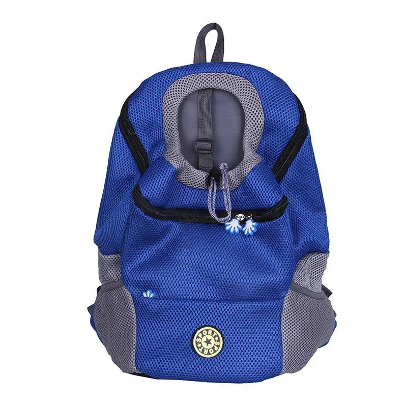 Blue and gray pet carrier backpack with mesh ventilation and adjustable opening for pets