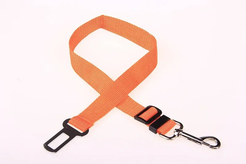 Orange adjustable dog seat belt leash with metal clip and buckle for car safety